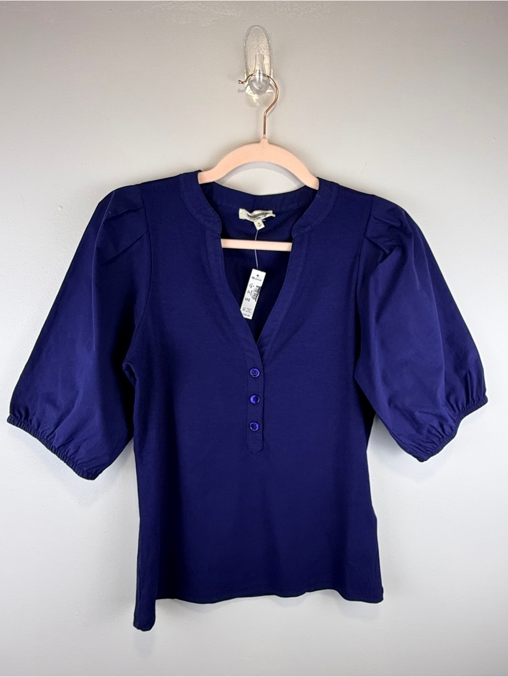 Madewell Puff Sleeve Henley Knit Top Blue Modal Blend Size XL NWT - Picture 6 of 12